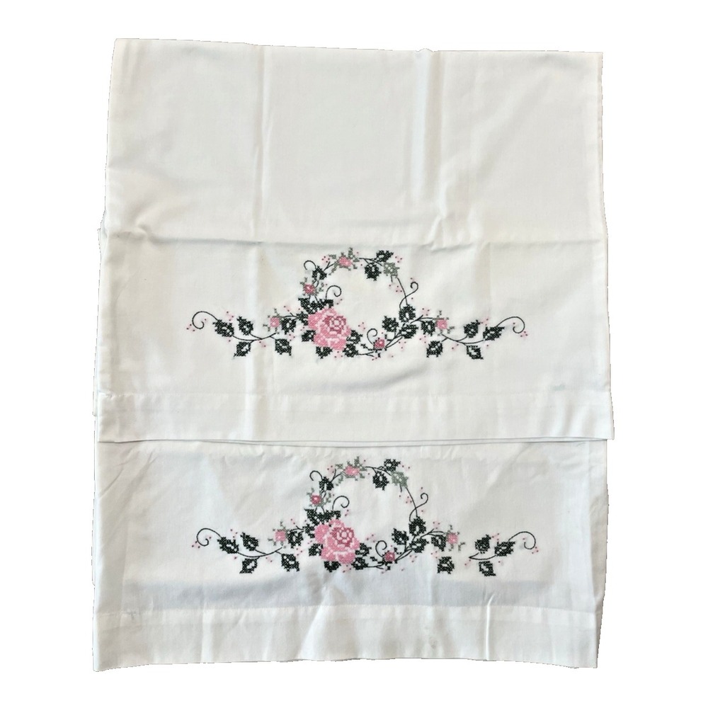 Pair of Vintage White Standard Pillowcases Hand Cross‎ Stitched Pink Roses Vines